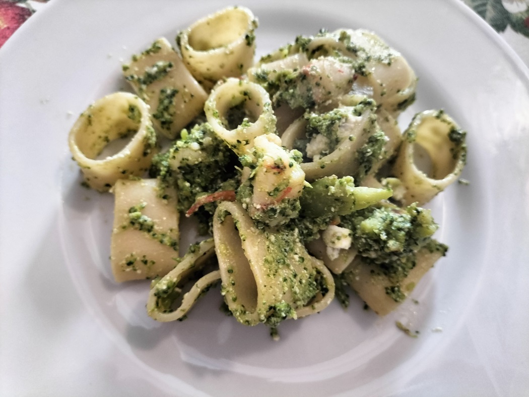 Calamarata pasta with Sicilian broccoli, prawns and buffalo ricotta