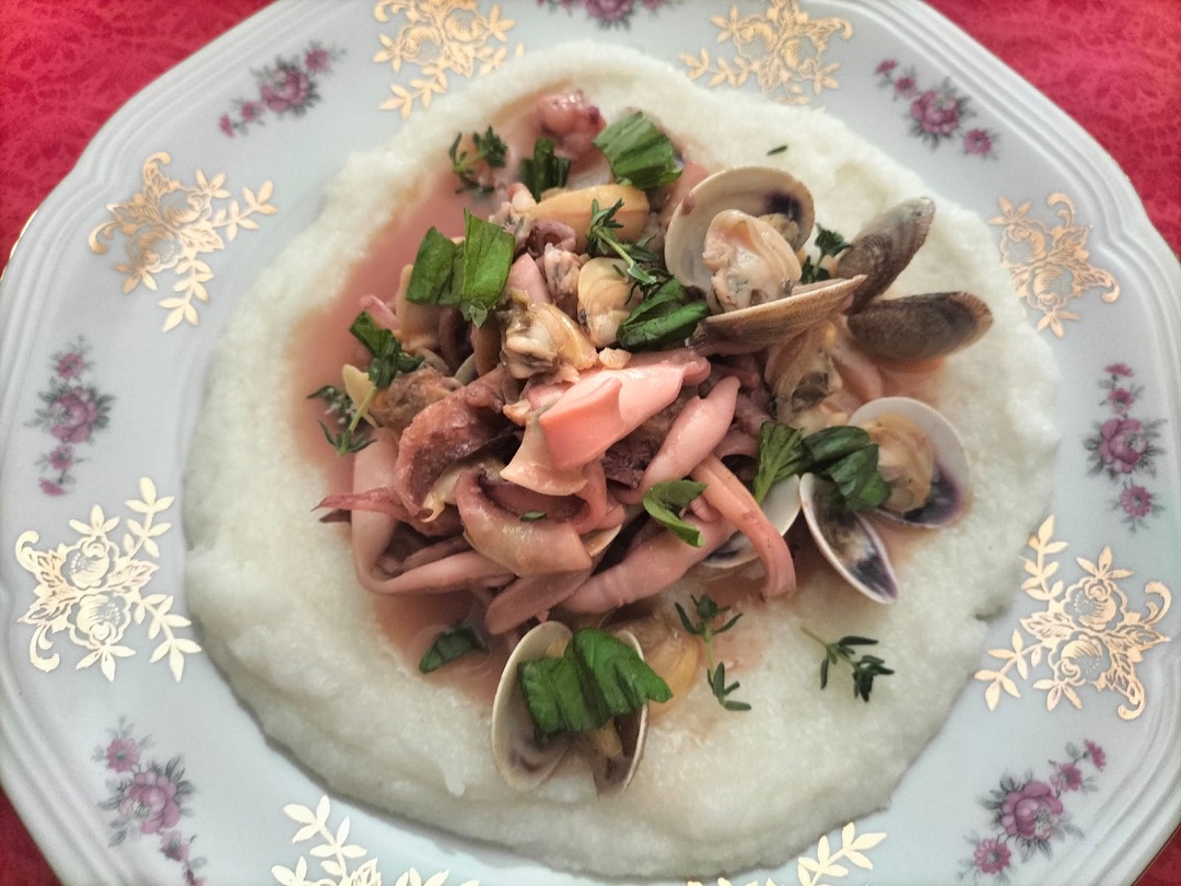 White Corn Polenta with Clams and Squid
