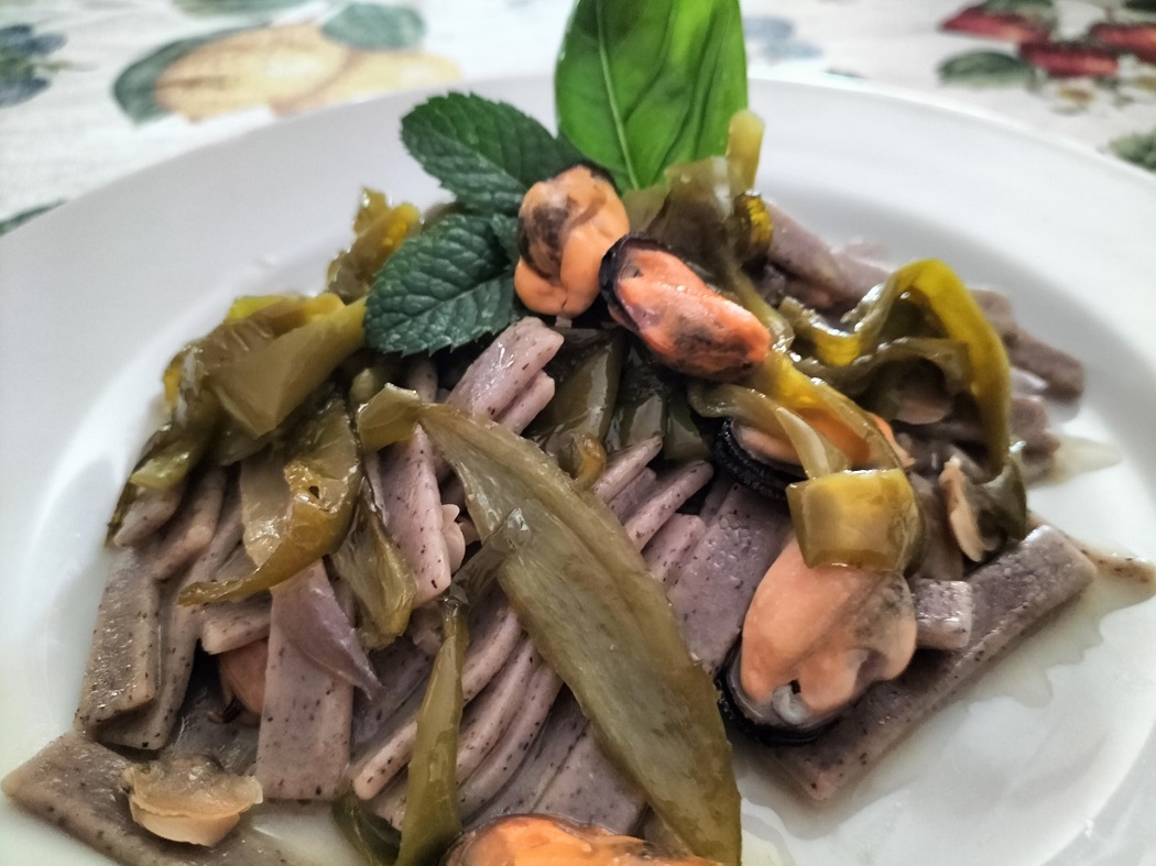 Pizzoccheri with mussels, clams and friggitelli